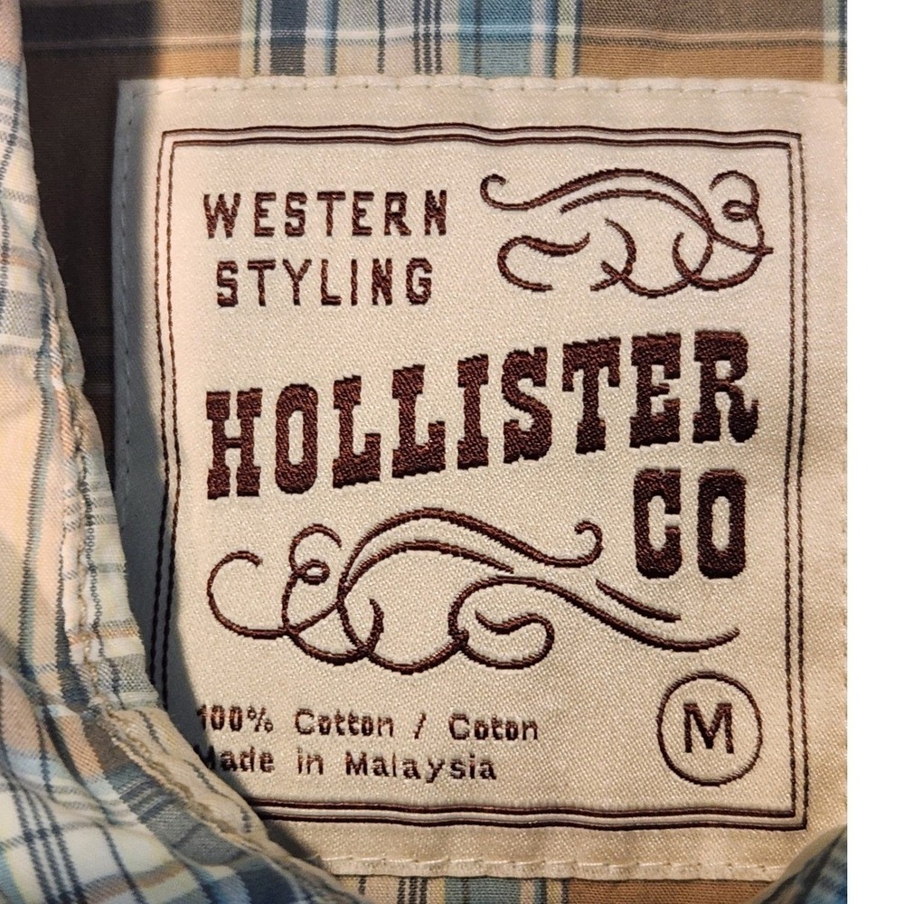 Hollister Mens Western Plaid Short Sleeve Pearl Snap Shirt Tan Blue Size M - Picture 5 of 6